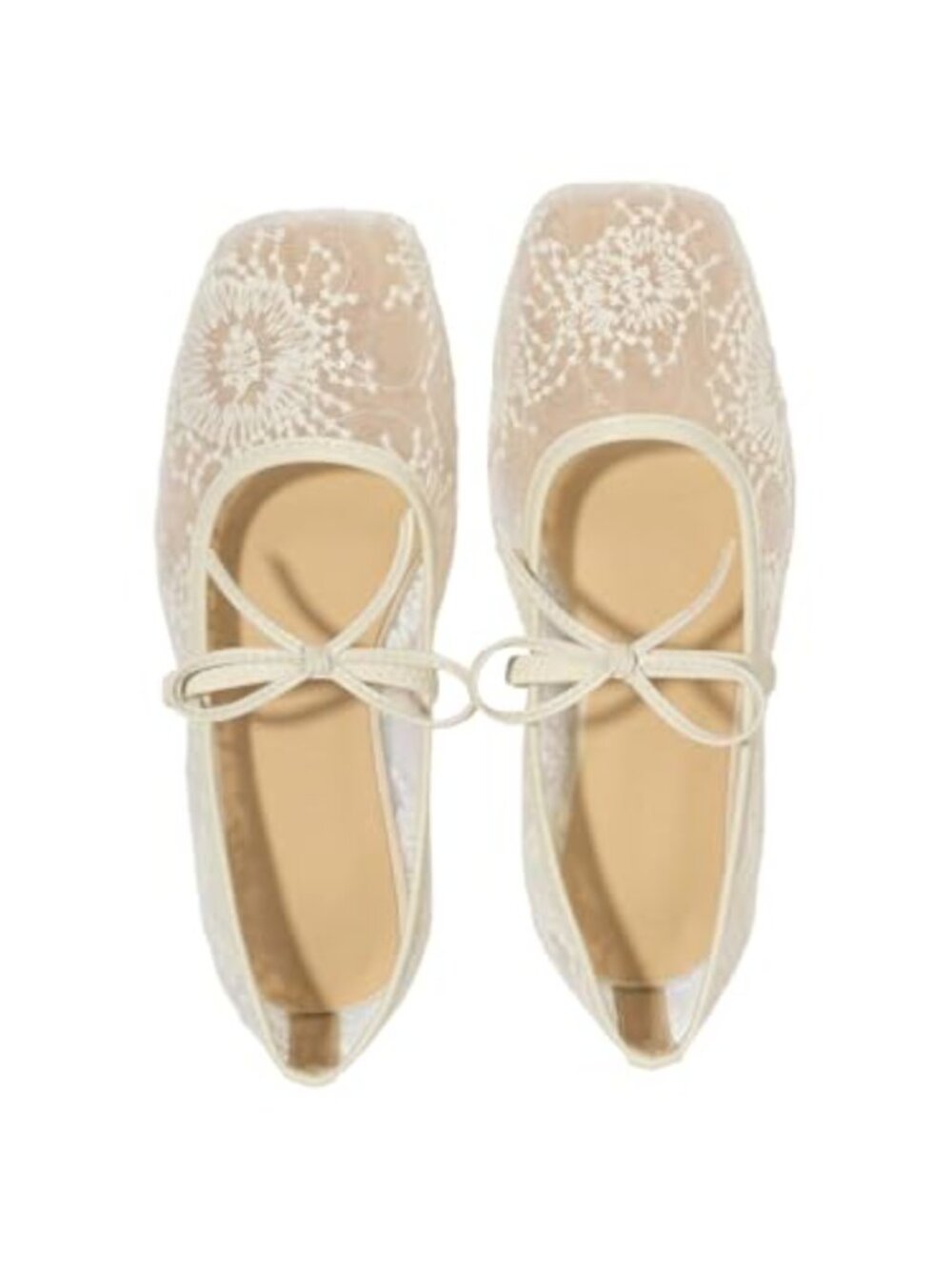 Lace Mesh Ballet Flats Square Toe Embroidered Mary Jane Dress Shoes